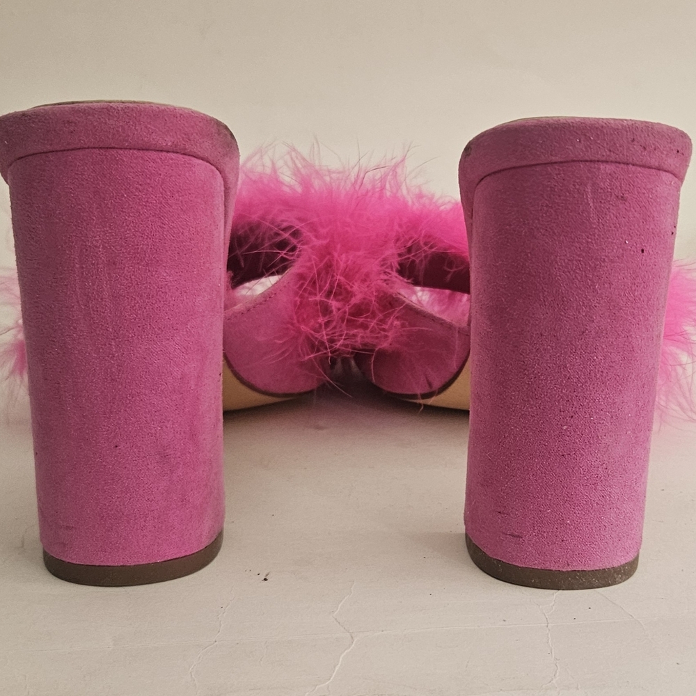 Liliana bright pink maribou feather 4" high square toe mules, size 10 - Picture 6 of 15
